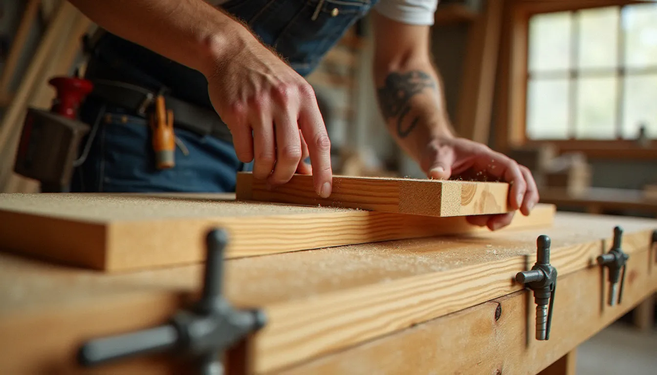Artisan charpentier assemblant les panneaux en bois d'une future cabine de gardiennage dans son atelier, avec des assemblages mortaise-tenon et des fixations inox visibles