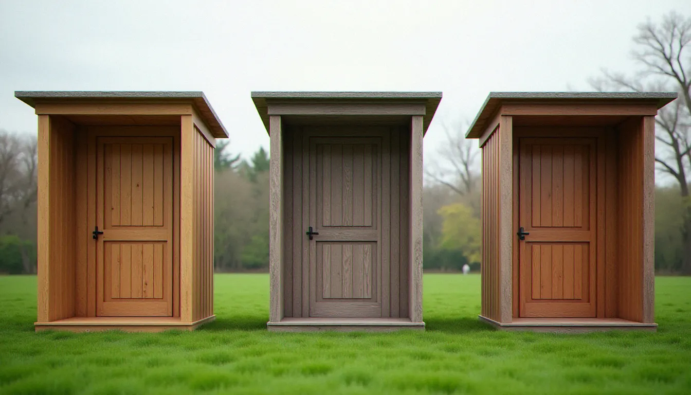 Comparaison de trois modèles de cabines de gardiennage en bois côte à côte, montrant différentes essences et stades de vieillissement naturel du bois en extérieur