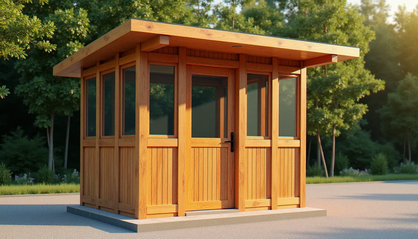 Cabine de gardiennage en bois Douglas installée à l'entrée d'un site industriel, illustrant un avis bois gardiennage positif avec une finition soignée et des matériaux durables