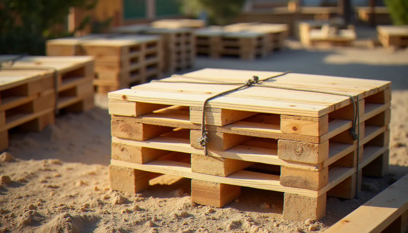 Palette de lames de pin traité livrée sur un chantier de terrasse dans l'Hérault, bois cerclé et prêt à être posé par un artisan
