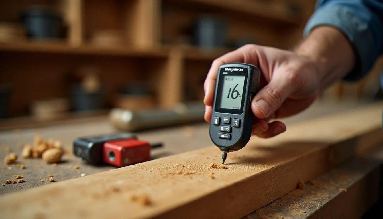 Artisan mesurant le taux d'humidité d'une planche de chêne avec un hygromètre numérique, contrôle qualité à réception d'une commande bois