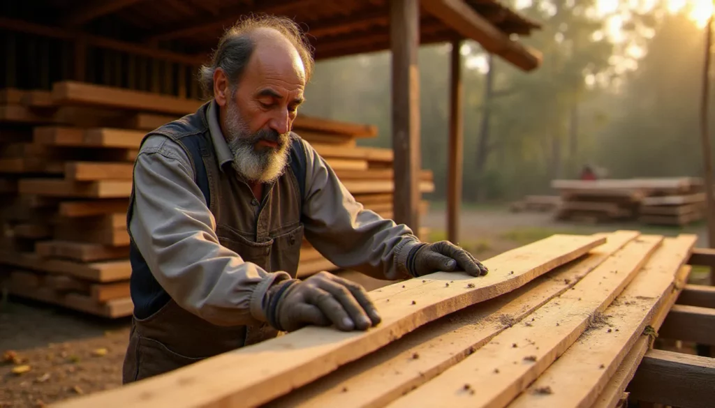 Artisan bois inspectant des planches de douglas dans un dépôt de matériaux, avis bois monde vu par un charpentier professionnel de Béziers