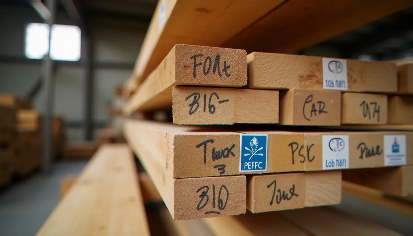 Labels de certification PEFC et FSC sur des planches de bois empilées en scierie française, illustrant la traçabilité et les labels d'un bois d'origine certifié