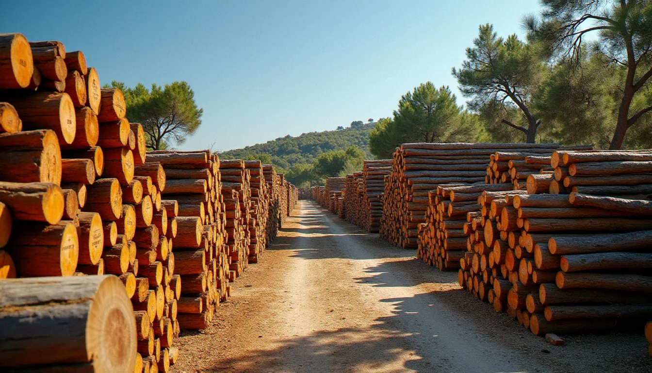 Chantier de bois d'origine locale en séchage à l'air libre dans le Languedoc, piles de chêne et de pin maritime classées par essence sous le soleil du Sud