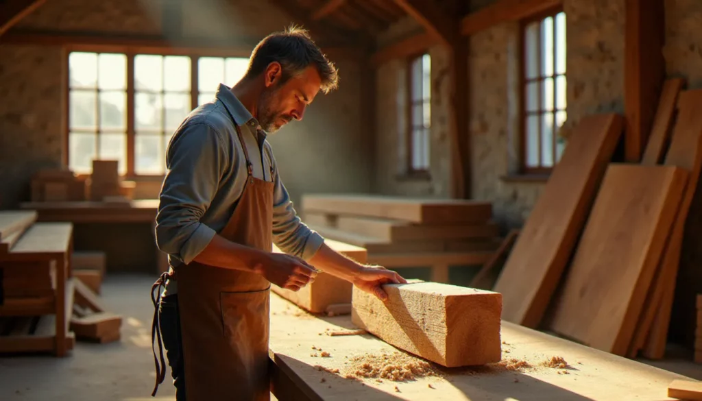 Artisan bois examinant un madrier de chêne certifié dans un atelier du Sud de la France, illustration d'un avis bois origine professionnel