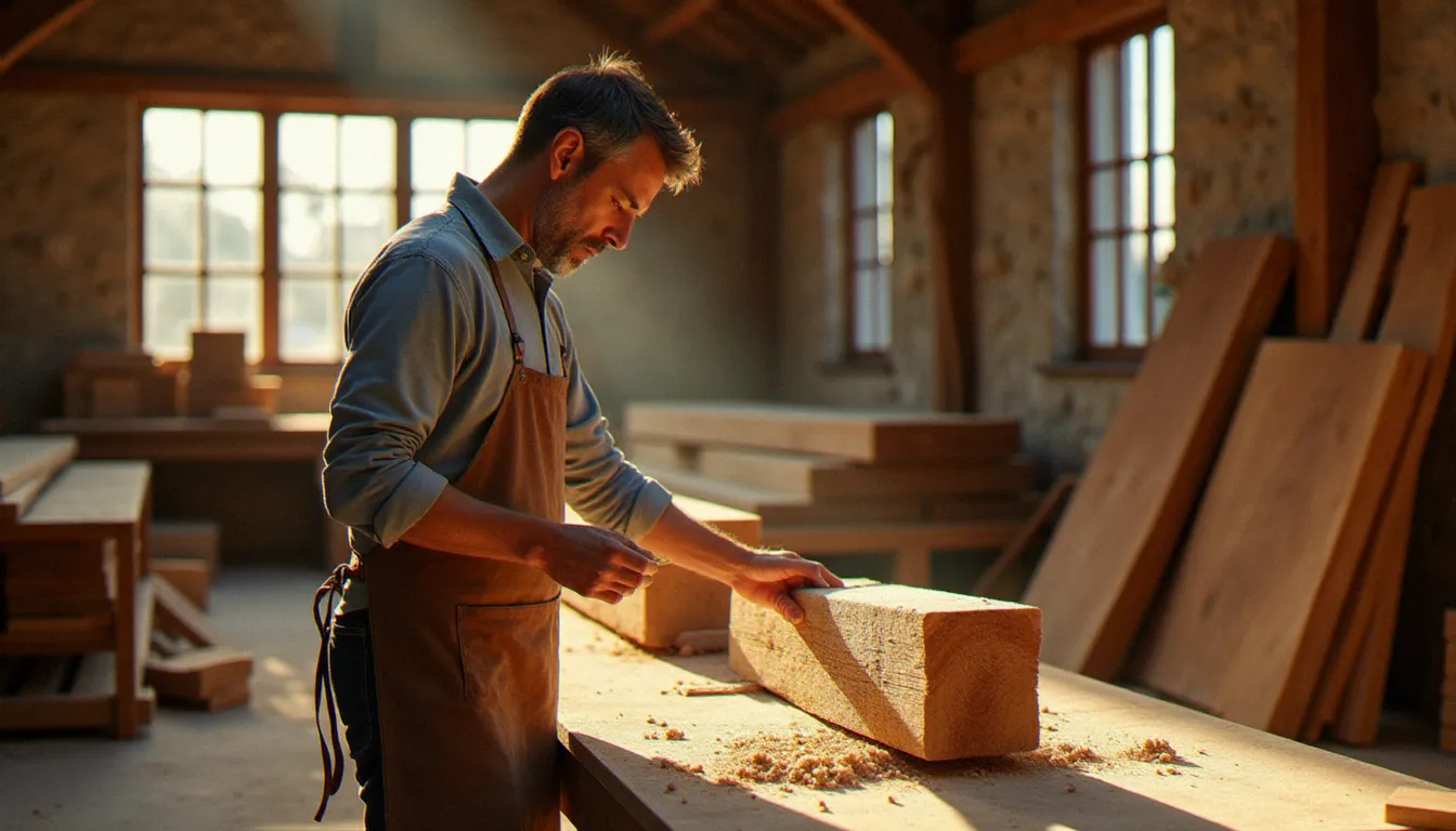Artisan bois examinant un madrier de chêne certifié dans un atelier du Sud de la France, illustration d'un avis bois origine professionnel