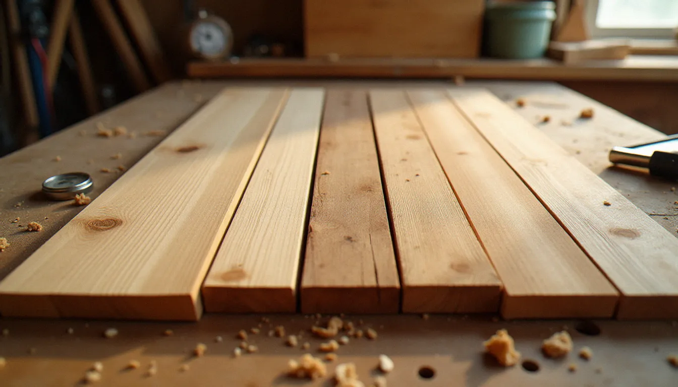 Échantillons comparatifs de cinq essences de bois dont le douglas et l'épicéa référencés par biok bois de villers, disposés sur un établi d'atelier sous lumière naturelle