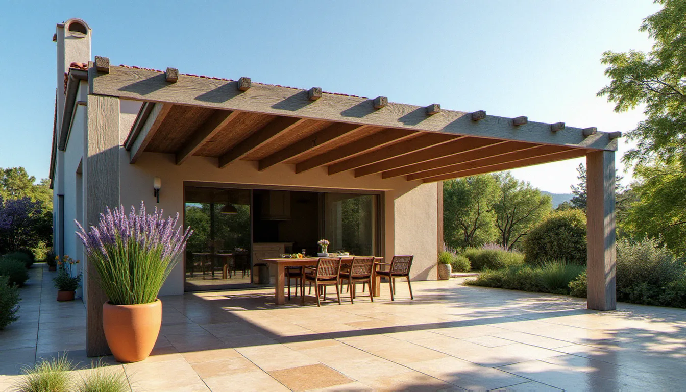 Pergola bioclimatique en douglas traité grisé de style biok bois de villers sur une terrasse méditerranéenne ensoleillée avec toiture à lames orientables et plantes aromatiques