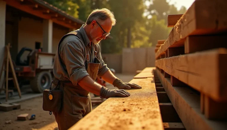 Artisan charpentier inspectant des poutres en bois massif biok bois de villers livrées sur un chantier dans le Sud de la France, lumière dorée de fin d'après-midi