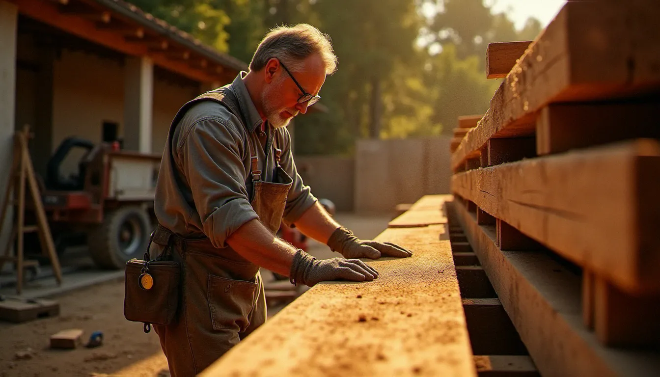 Artisan charpentier inspectant des poutres en bois massif biok bois de villers livrées sur un chantier dans le Sud de la France, lumière dorée de fin d'après-midi