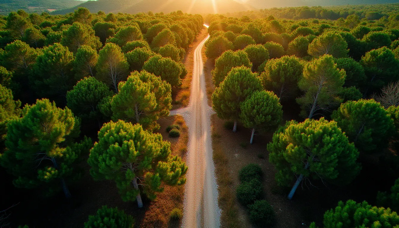 Vue aérienne d'une forêt méditerranéenne en Occitanie composée de chênes pubescents et de pins d'Alep, illustrant les essences de bois locales disponibles autour de Béziers