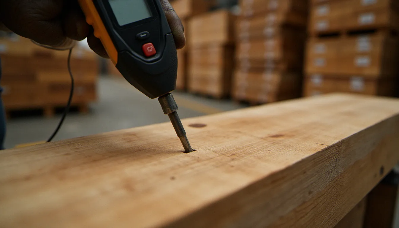 Gros plan d'un hygromètre mesurant le taux d'humidité d'une poutre en chêne chez un négociant en bois local, étape clé pour bien acheter du bois autour de soi