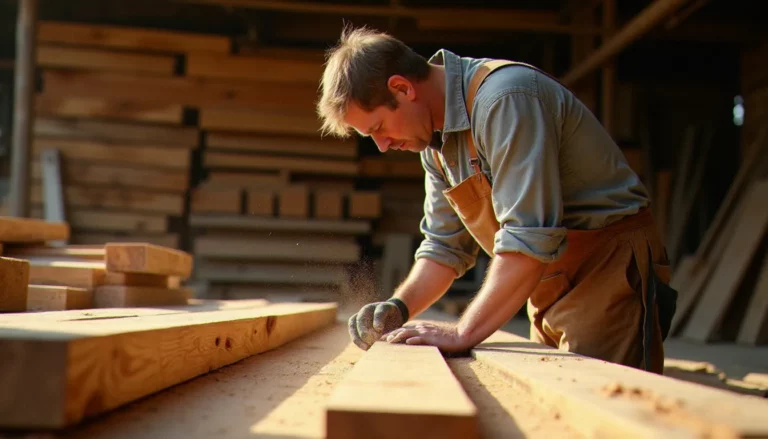 Un artisan bois inspectant des planches de chêne fraîchement sciées dans une scierie locale de l'Hérault, illustrant la recherche de bois autour de moi