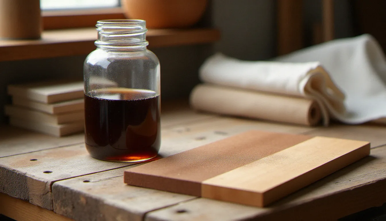 Matériel de teinture au brou de noix posé sur un établi : bocal de teinture brune, papier de verre et chiffon, avec une comparaison bois brut et bois teinté