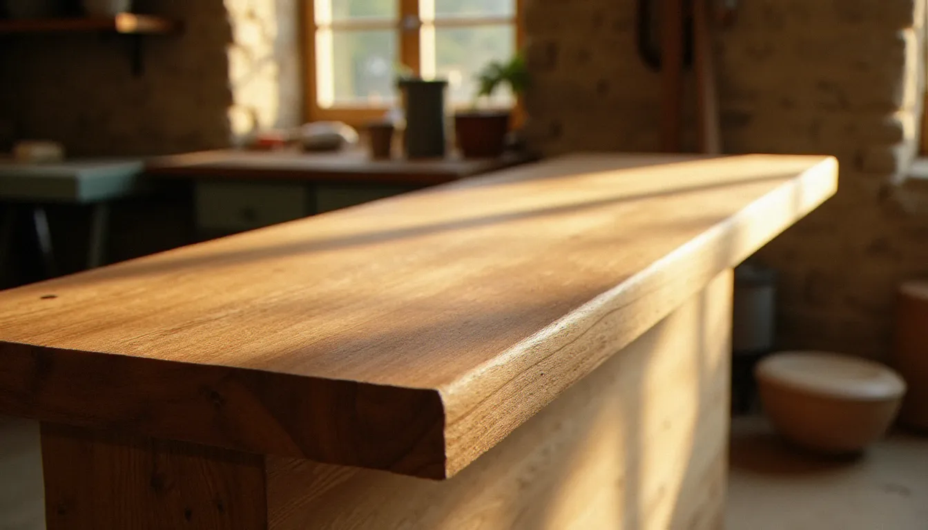 Étagère en chêne massif teintée au brou de noix avec finition huile naturelle, fil du bois apparent dans un atelier en pierre éclairé à la lumière dorée