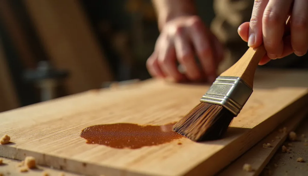 Artisan appliquant du brou de noix sur une planche de chêne avec une brosse plate, teinture naturelle brune pénétrant le fil du bois en atelier