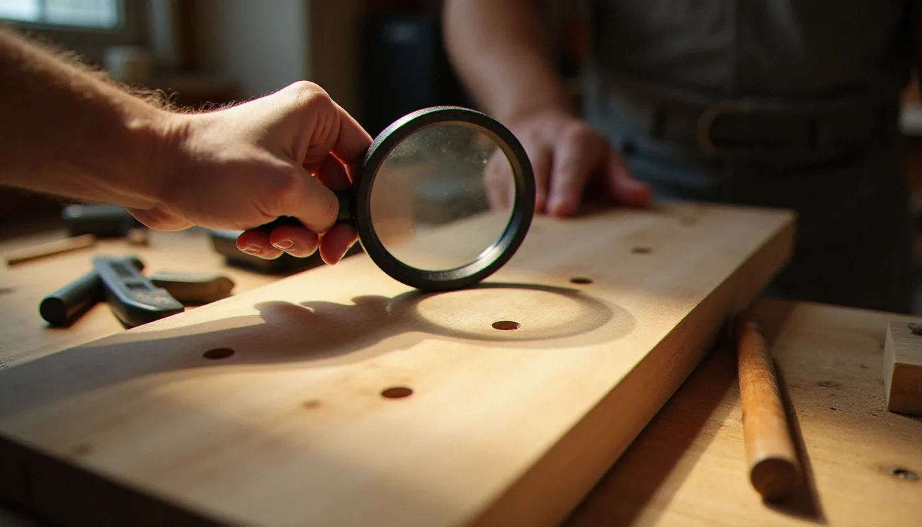 Artisan examinant de près des trous dans une planche de pin posée sur un établi d'atelier, avec une loupe, pour identifier le type d'insecte xylophage