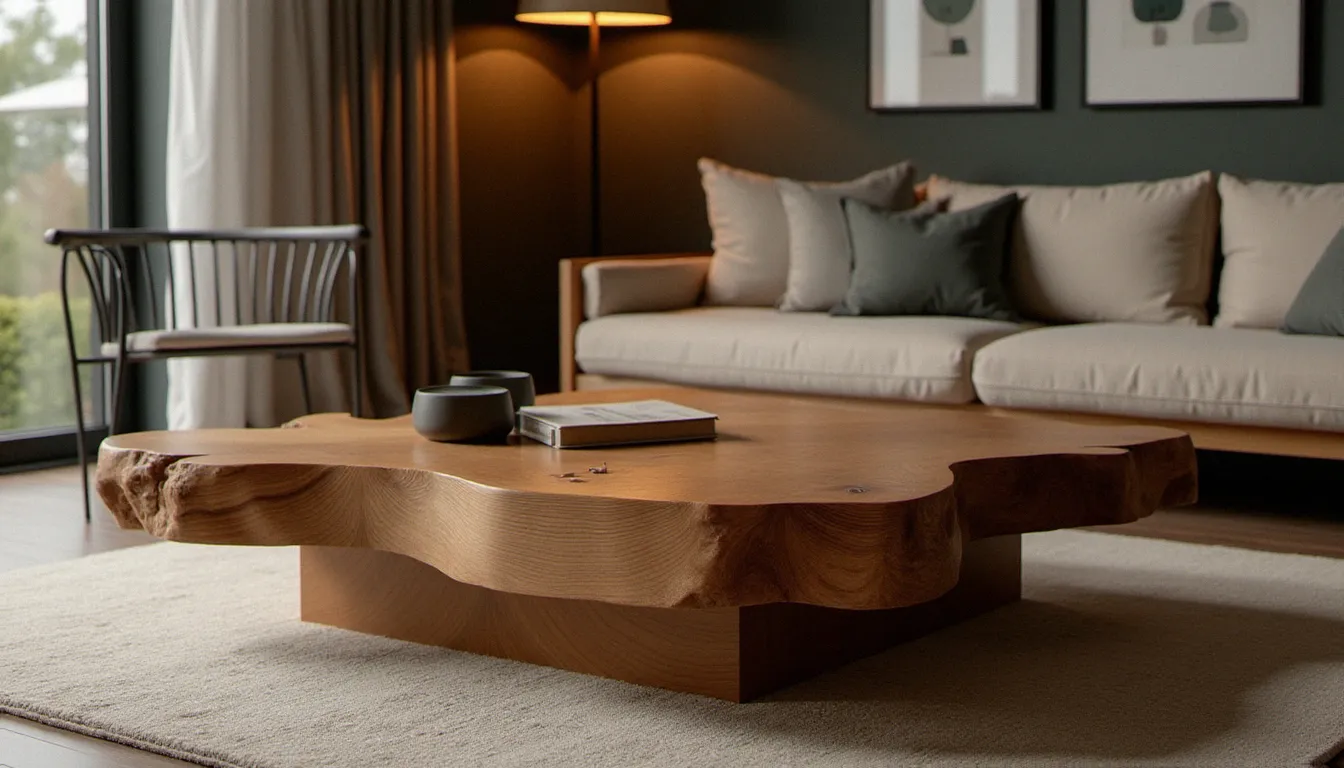 Table basse en orme avec des galeries d'insectes naturelles apparentes et huilées, valorisées comme élément décoratif dans un salon contemporain