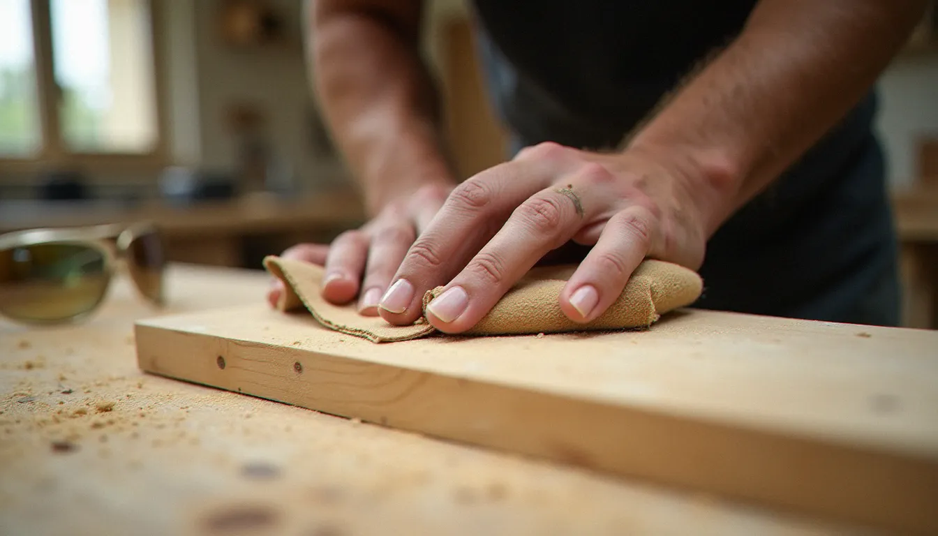 Gros plan sur les mains d'un artisan ponçant à la main une planche de pin avec du papier de verre avant application d'un traitement bois blanchi, sciure visible sur la surface