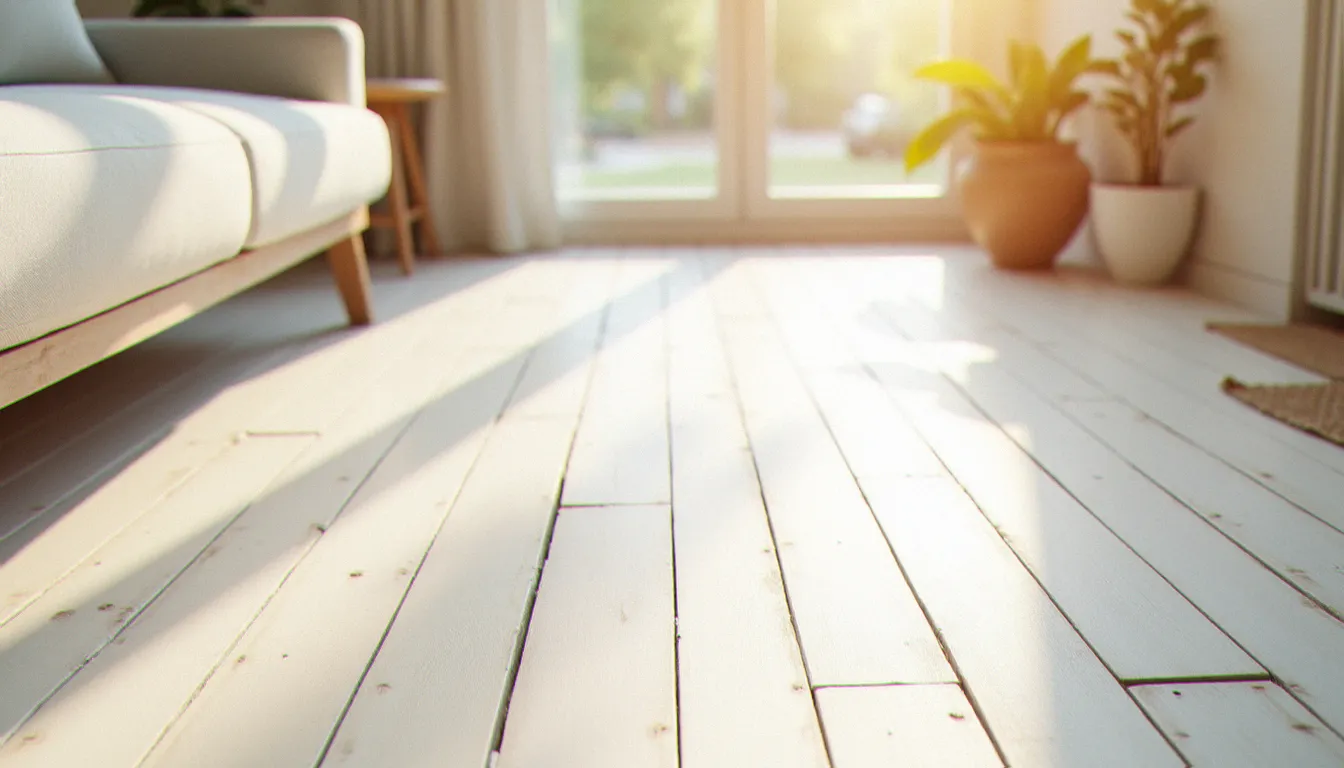 Parquet en bois blanchi dans un salon de style provençal lumineux, le fil du bois visible à travers la finition blanche avec une lumière dorée de l'après-midi