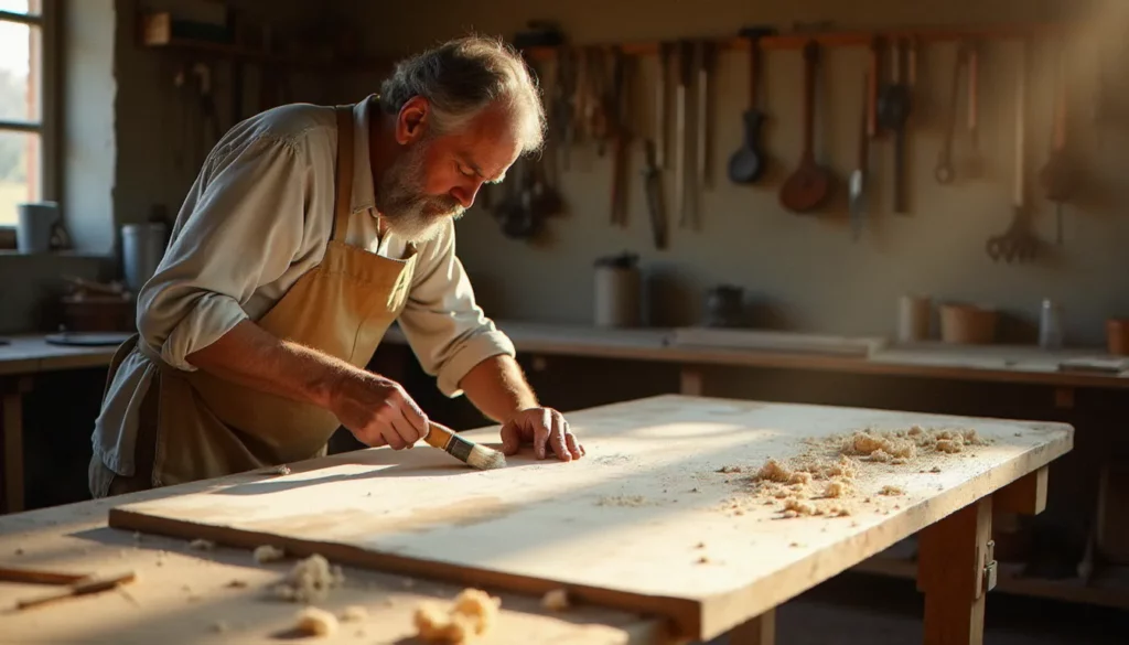 Artisan appliquant un produit de bois blanchi sur une planche de chêne avec un pinceau plat, le fil du bois reste visible sous la finition blanche dans un atelier artisanal