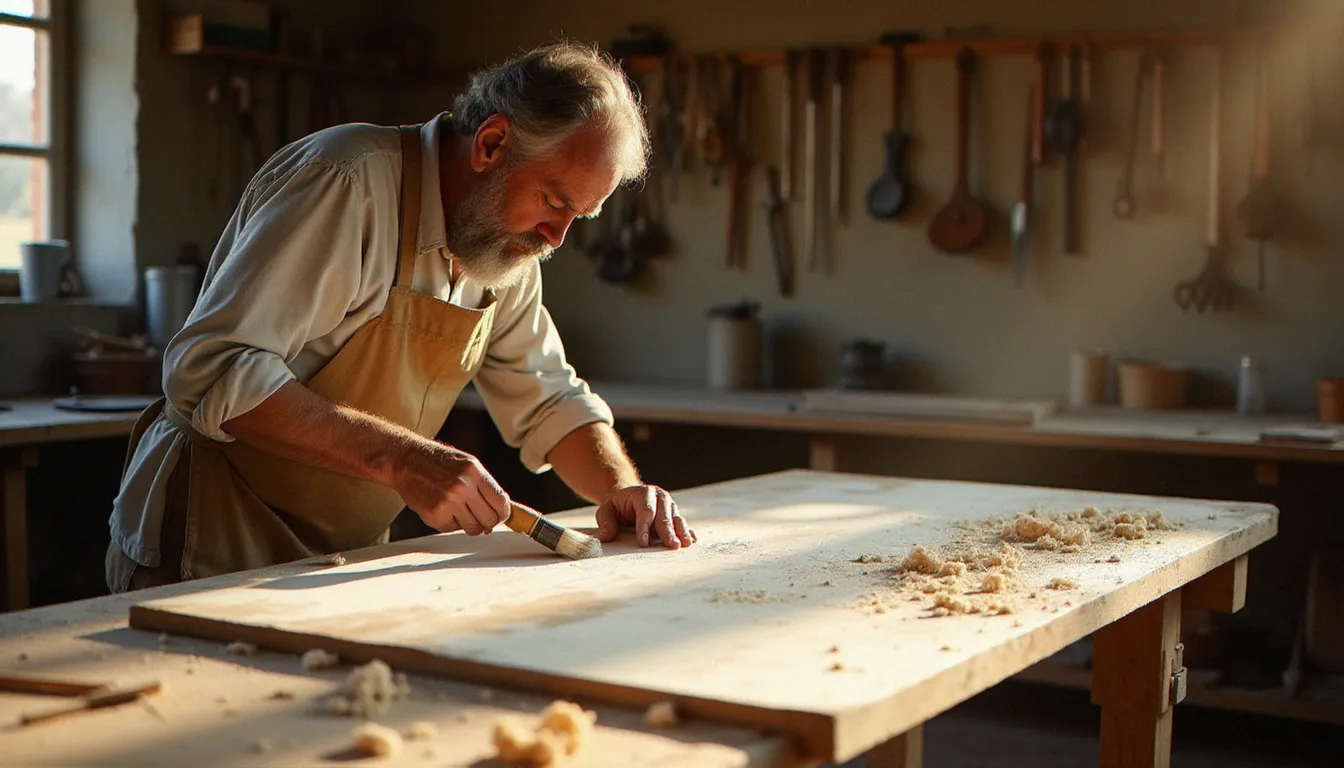 Artisan appliquant un produit de bois blanchi sur une planche de chêne avec un pinceau plat, le fil du bois reste visible sous la finition blanche dans un atelier artisanal