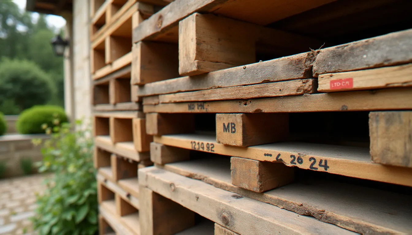 Palettes en bois estampillées montrant des marquages IPPC et MB contre un mur en pierre, illustrant les risques des bois traités au barbecue