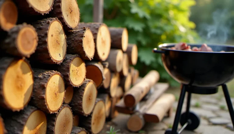 Différents types de bois dont des bois dangereux pour barbecue empilés à côté d'un gril à charbon dans un jardin