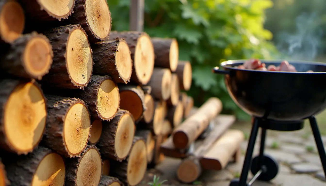 Différents types de bois dont des bois dangereux pour barbecue empilés à côté d'un gril à charbon dans un jardin