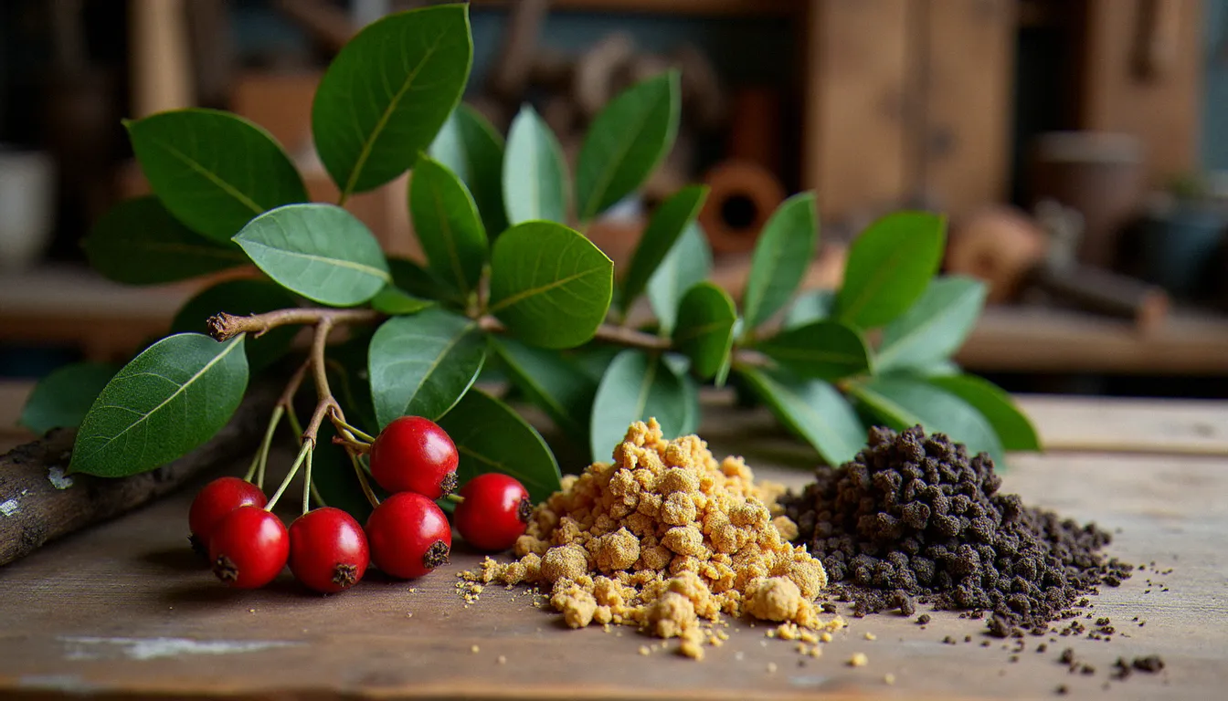 Échantillons de bois toxiques pour chien disposés sur un établi d'artisan : if avec baies rouges, laurier-cerise, robinier faux-acacia et buis
