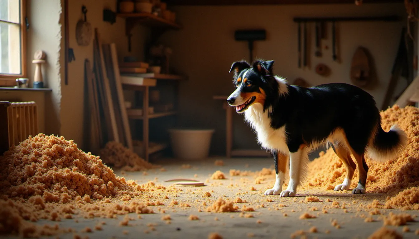 Chien de race border collie dans un atelier de menuiserie avec des copeaux de bois au sol, illustrant le risque des sciures dangereuses pour les animaux