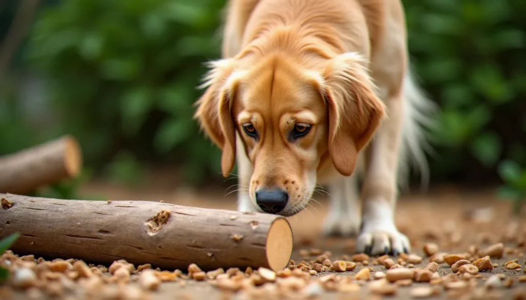 Un golden retriever reniflant une bûche de bois potentiellement dangereux pour chien dans un jardin, avec des copeaux au sol