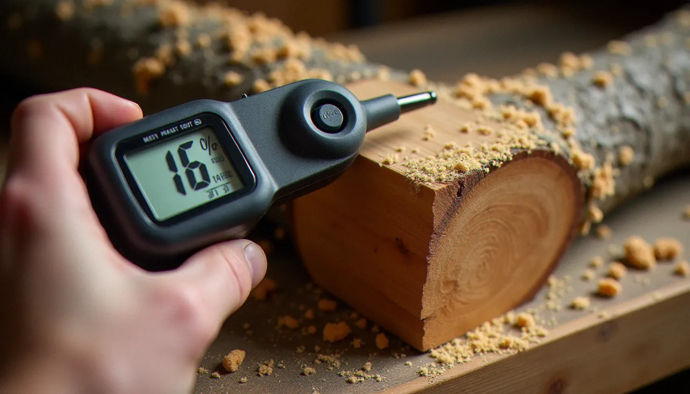 Vérification du taux d'humidité d'une bûche de chêne avec un humidimètre à bois, geste clé pour contrôler la qualité du bois de chauffage
