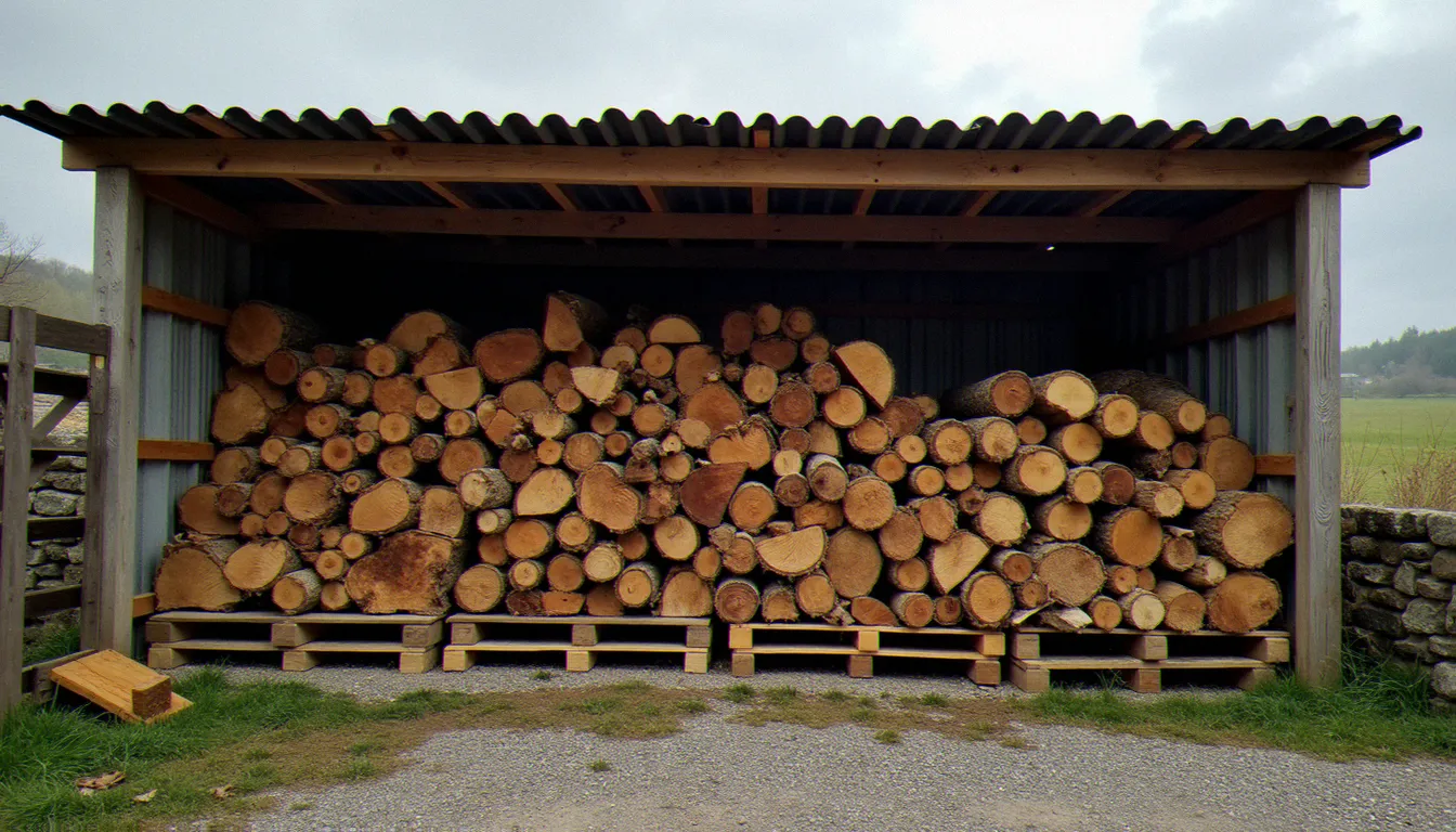 Abri à bois bien ventilé avec bûches de feuillus empilées sur palettes surélevées, exemple de stockage optimal du bois de chauffage en Bretagne