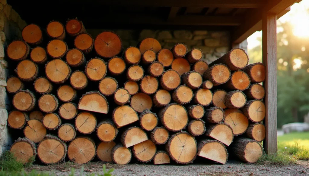 Tas de bois de chauffage en chêne bien sec empilé sous un abri bois près d'une maison bretonne, illustrant le stockage du bois de chauffage à Guidel