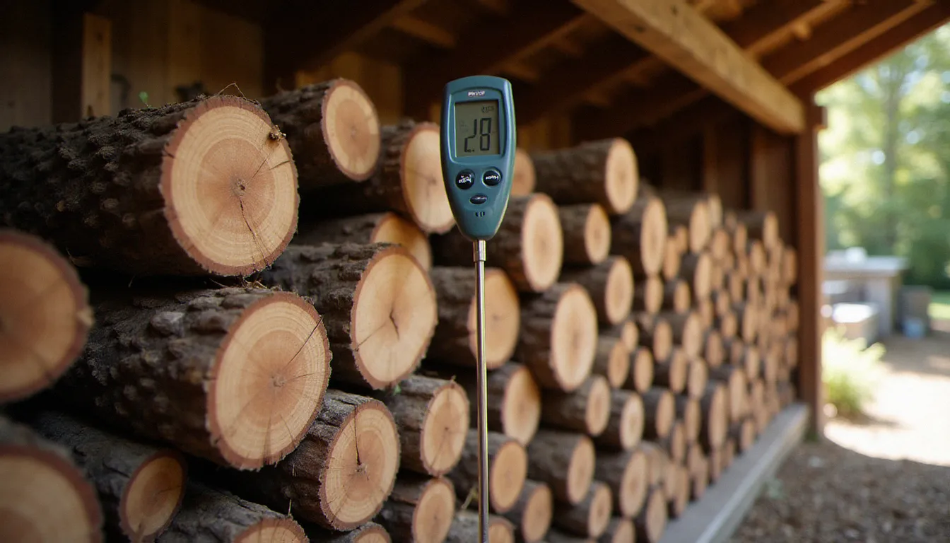 Bûches de bois de chauffage sec stockées sous abri ventilé avec humidimètre indiquant un taux inférieur à 20 %, garantissant un bois prêt à brûler dans l'Hérault