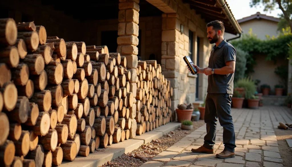 Pile de bois de chauffage en chêne sec soigneusement rangée dans une cour provençale, illustrant l'approvisionnement en bois de chauffage dans l'Hérault pas cher