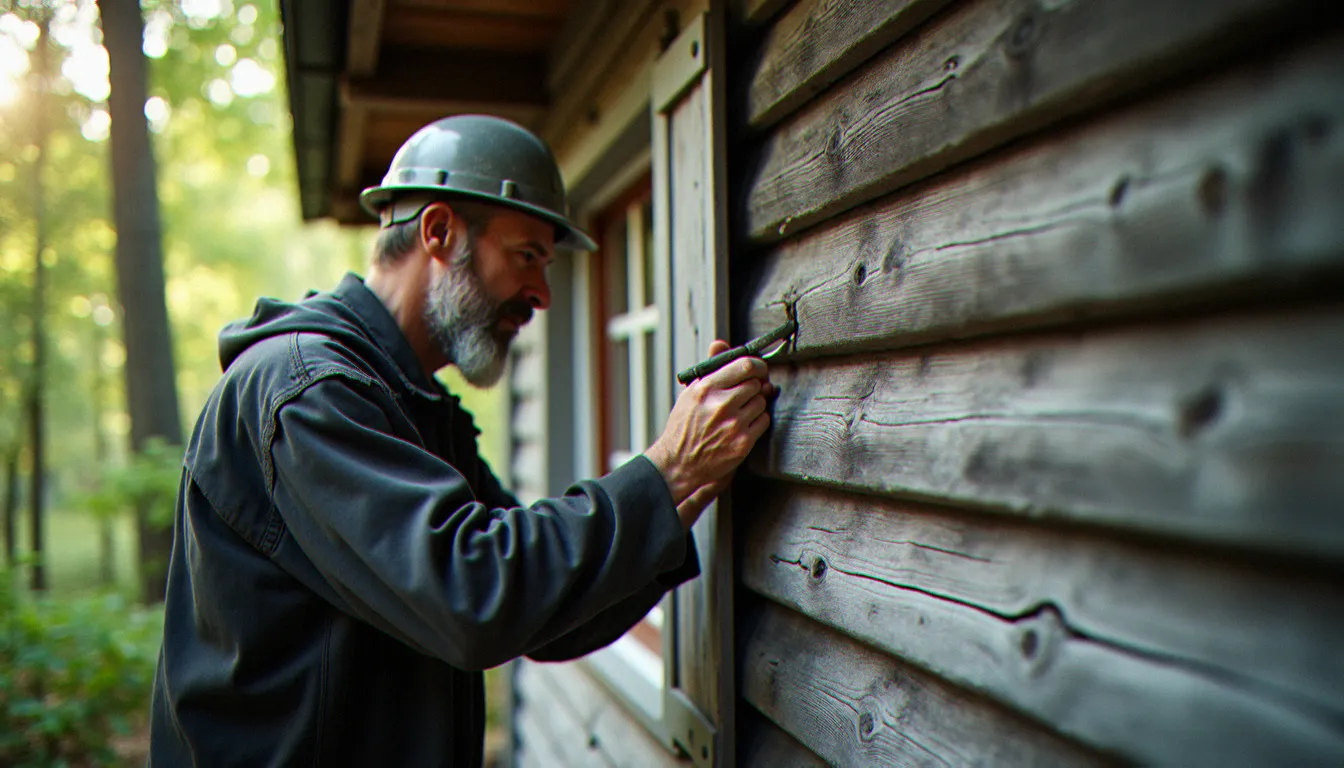 Artisan inspectant le bardage en bois vieilli d'un chalet en forêt, illustration de l'entretien du bois en milieu forestier humide dans un contexte similaire aux domaines Center Parcs France