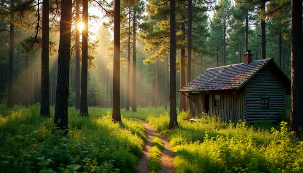 Forêt dense de pins et de chênes en France abritant un cottage en bois de style Center Parcs, illustration du bois France Center Parcs dans son environnement naturel