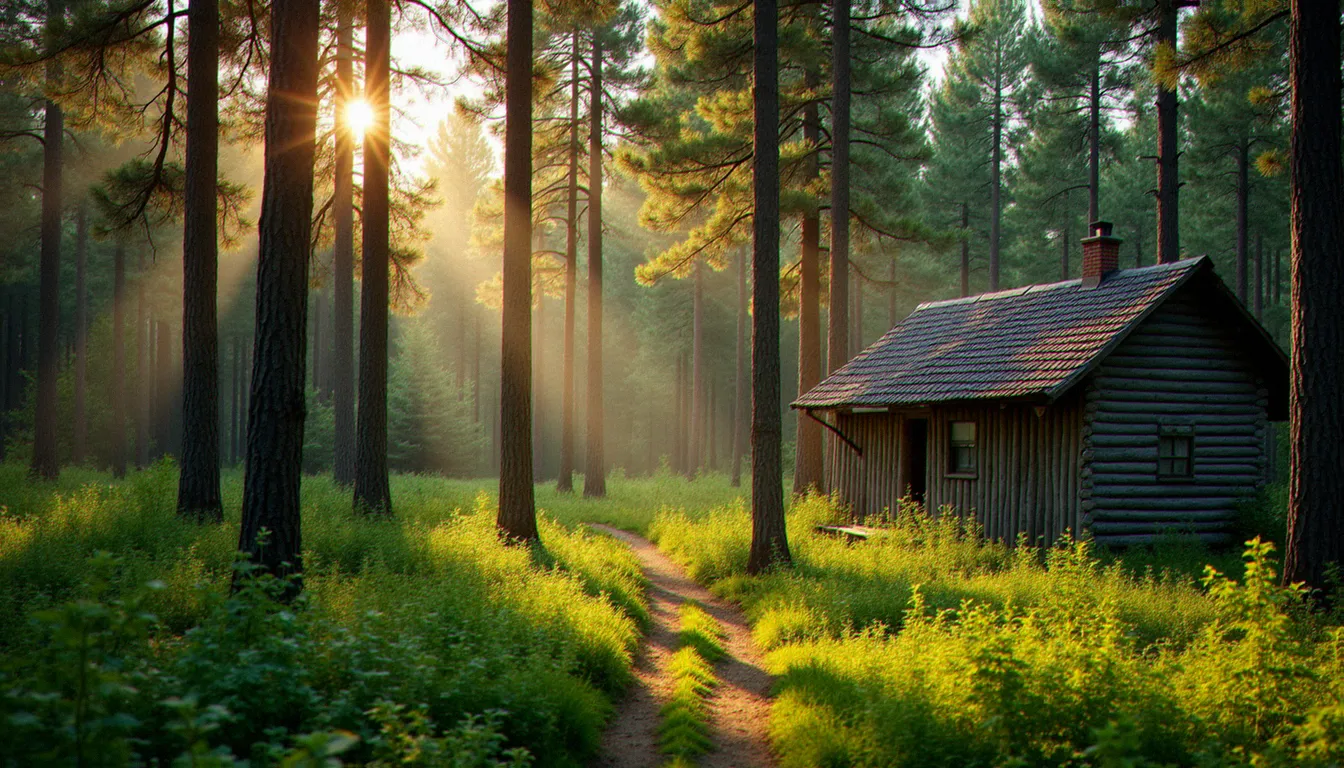 Forêt dense de pins et de chênes en France abritant un cottage en bois de style Center Parcs, illustration du bois France Center Parcs dans son environnement naturel