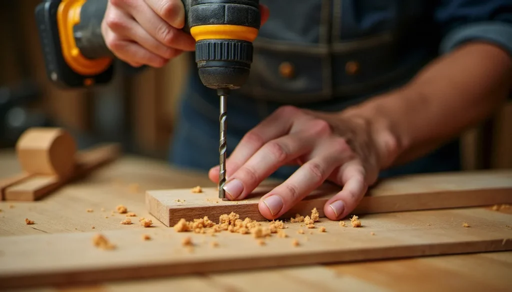 Artisan utilisant un guide de perçage bois sur une planche de chêne massif en atelier, copeaux en spirale visibles autour du foret