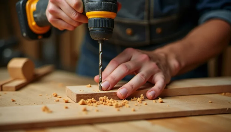 Artisan utilisant un guide de perçage bois sur une planche de chêne massif en atelier, copeaux en spirale visibles autour du foret