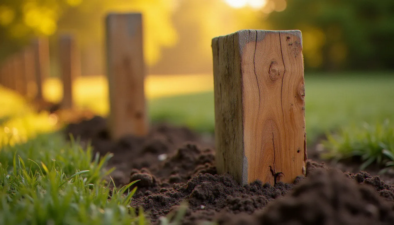 Poteaux de clôture en bois naturellement durable classe 4 ancrés en terre dans un jardin, illustrant l'usage en contact permanent avec le sol