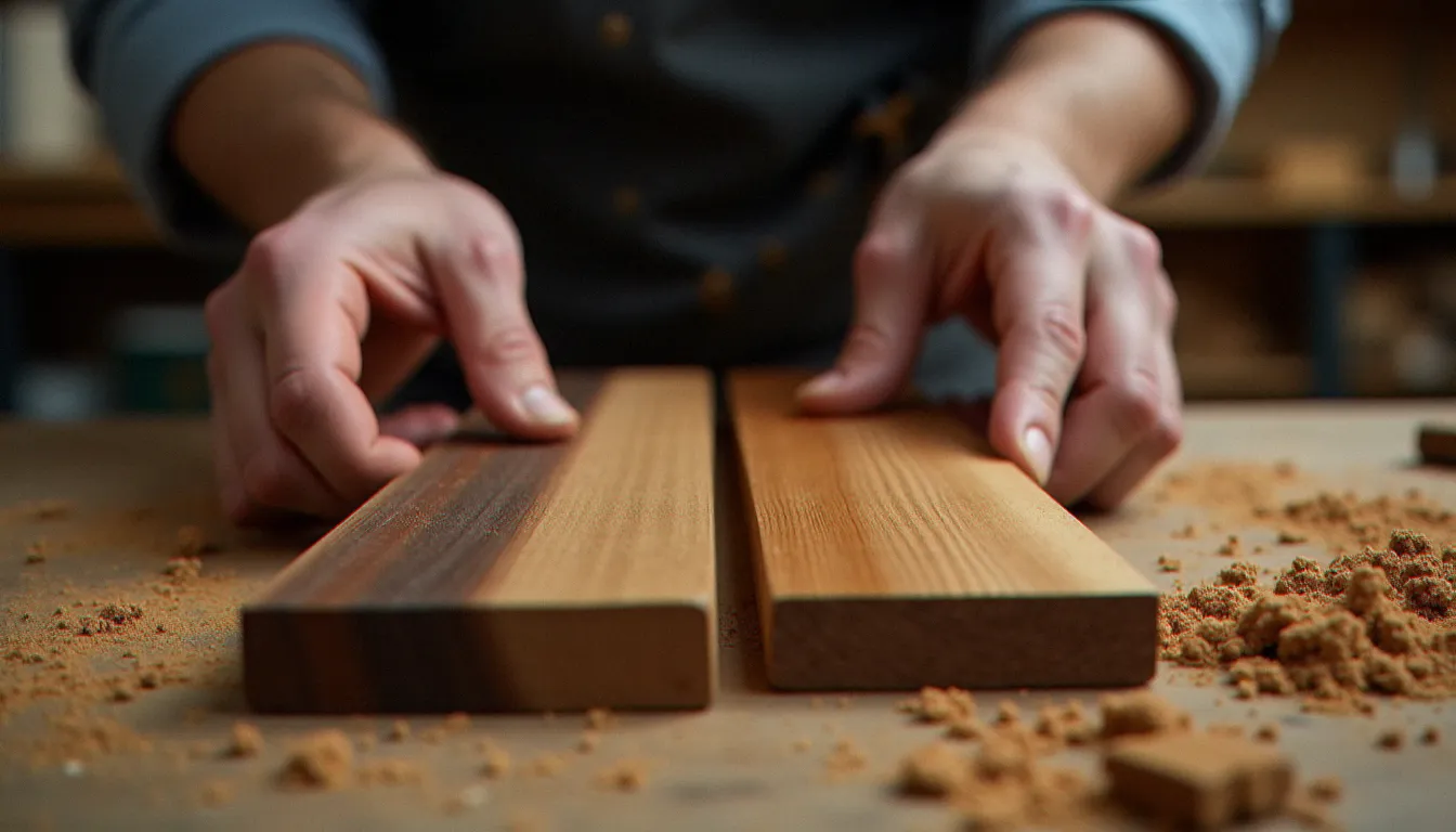 Comparaison de deux échantillons de bois nature classe 4 sur un établi d'artisan, montrant la différence de densité et de grain entre essence tropicale et européenne