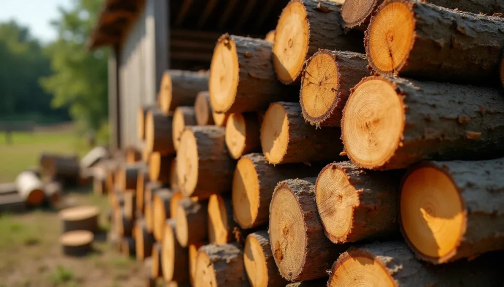 Grumes de bois de robinier empilées en extérieur illustrant le bois nature classe 4 avec sa fibre dense et sa couleur naturelle caractéristique