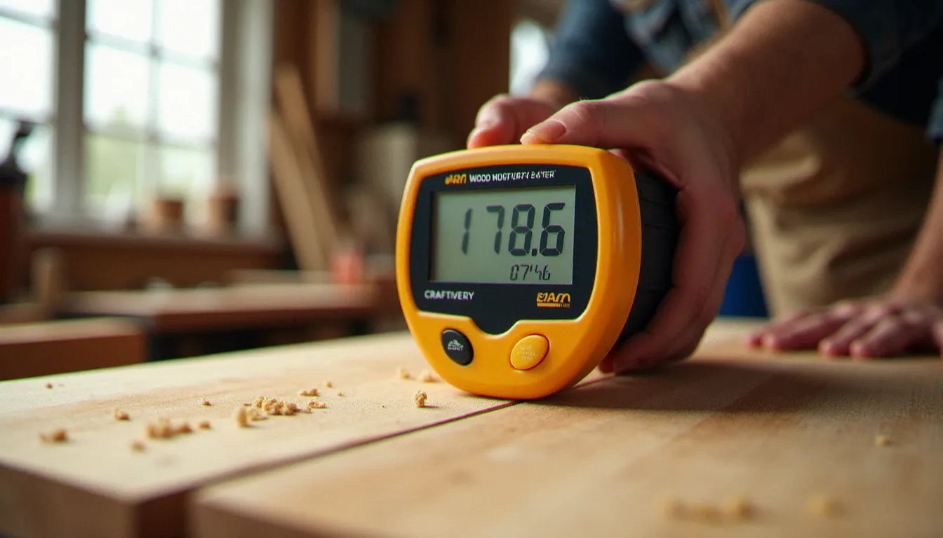 Main d'un artisan tenant un humidimètre numérique appliqué contre une planche de pin naturel pour mesurer le taux d'humidité du bois