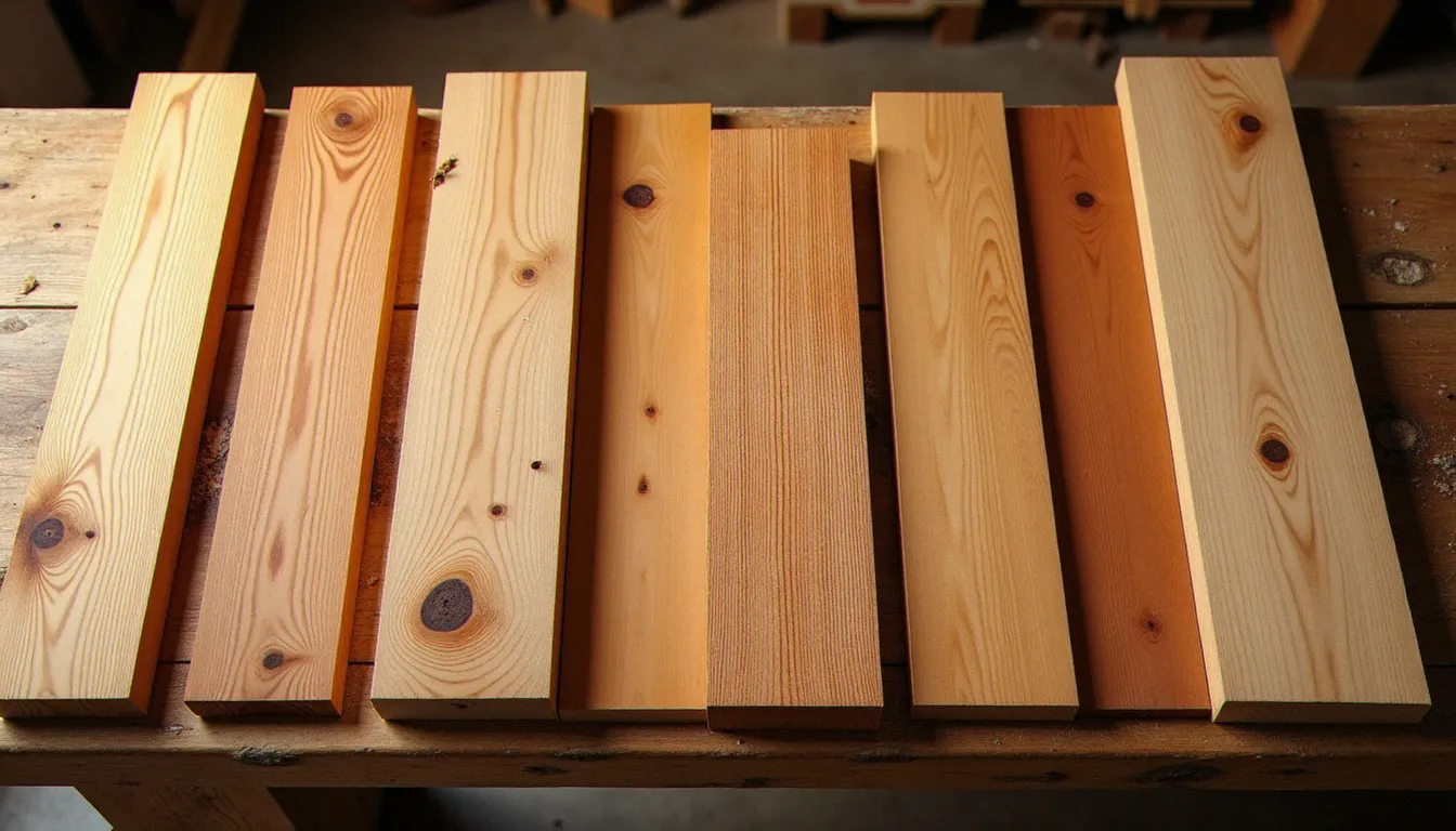 Échantillons de différentes essences de bois naturel côte à côte — chêne, douglas, mélèze, pin — montrant la diversité des fils et teintes naturelles du bois