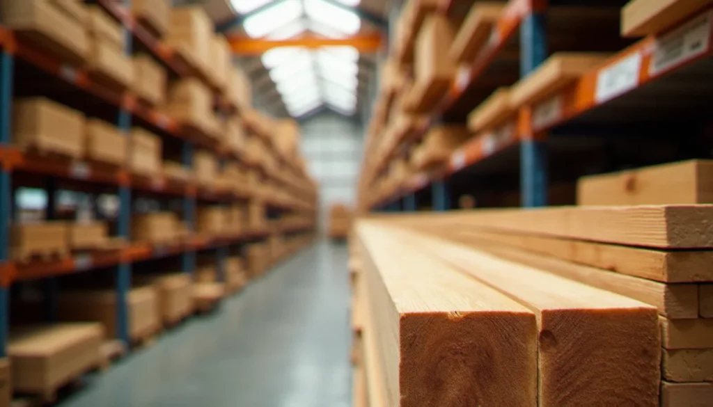 Planches de bois naturel en chêne et pin empilées dans un rayon de grande surface de bricolage, avec texture et fil du bois visibles en gros plan