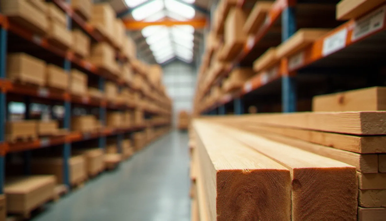 Planches de bois naturel en chêne et pin empilées dans un rayon de grande surface de bricolage, avec texture et fil du bois visibles en gros plan