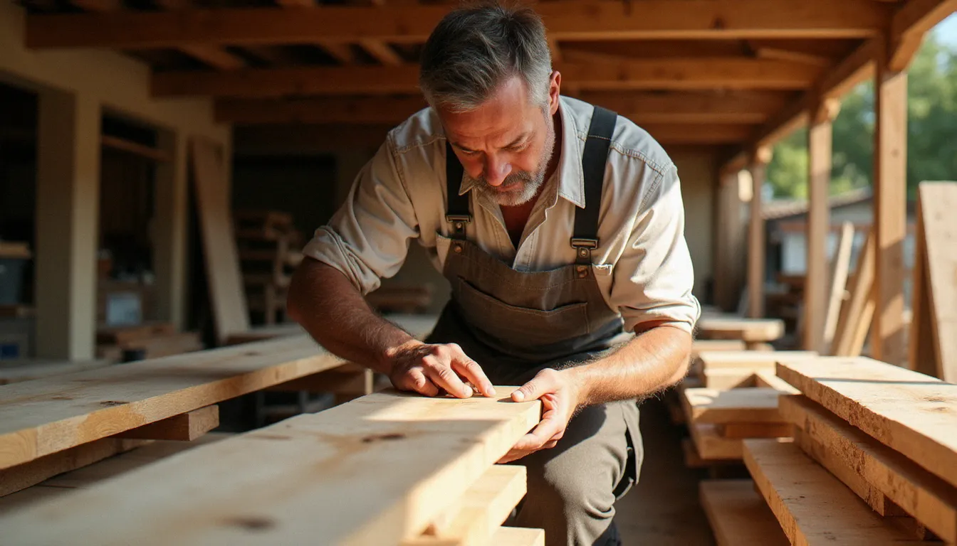 Artisan bois inspectant des planches de Robinier acacia dans un parc à bois extérieur, évaluant la durabilité naturelle de l'essence